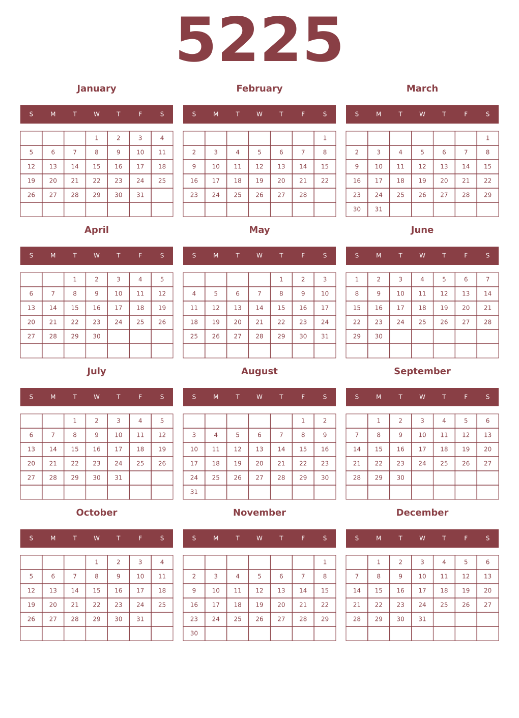 Printable 5225 Year Calendars cordovan
