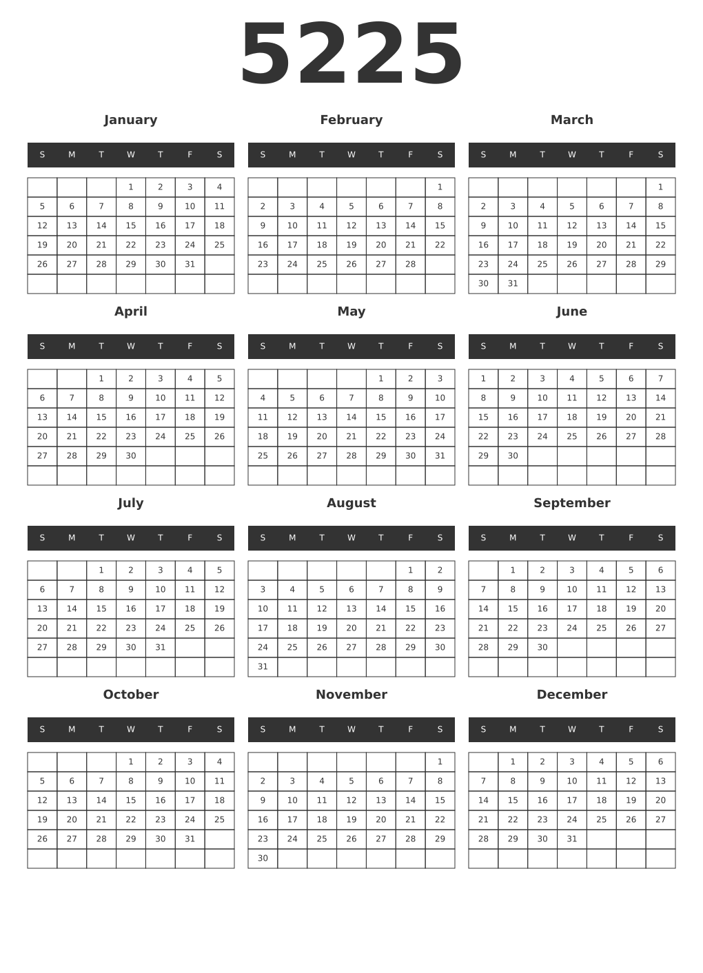 Printable 5225 Year Calendars dark