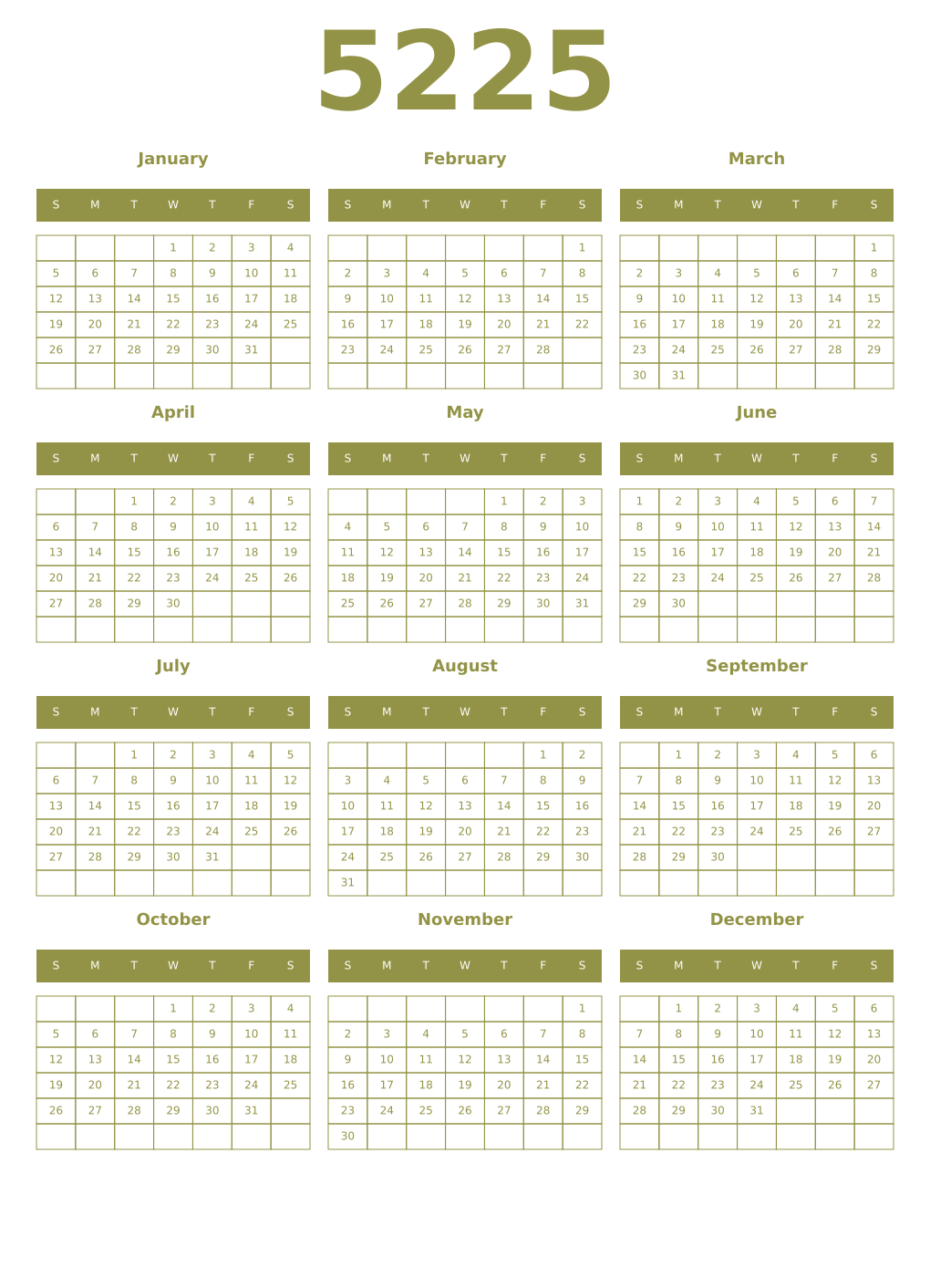 Printable 5225 Year Calendars eburnean