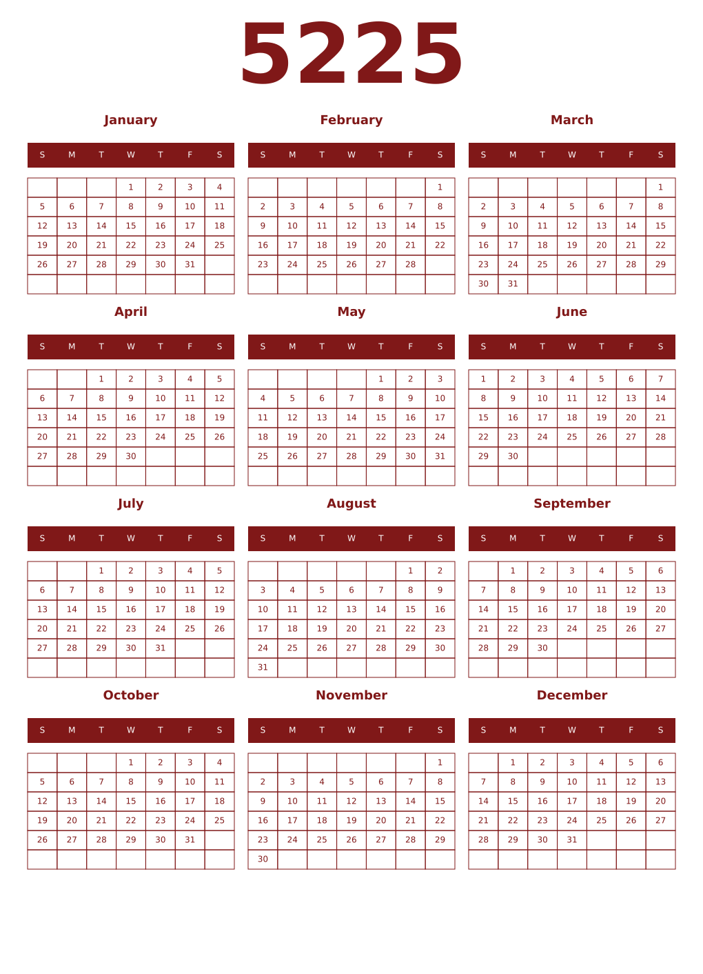 Printable 5225 Year Calendars falu