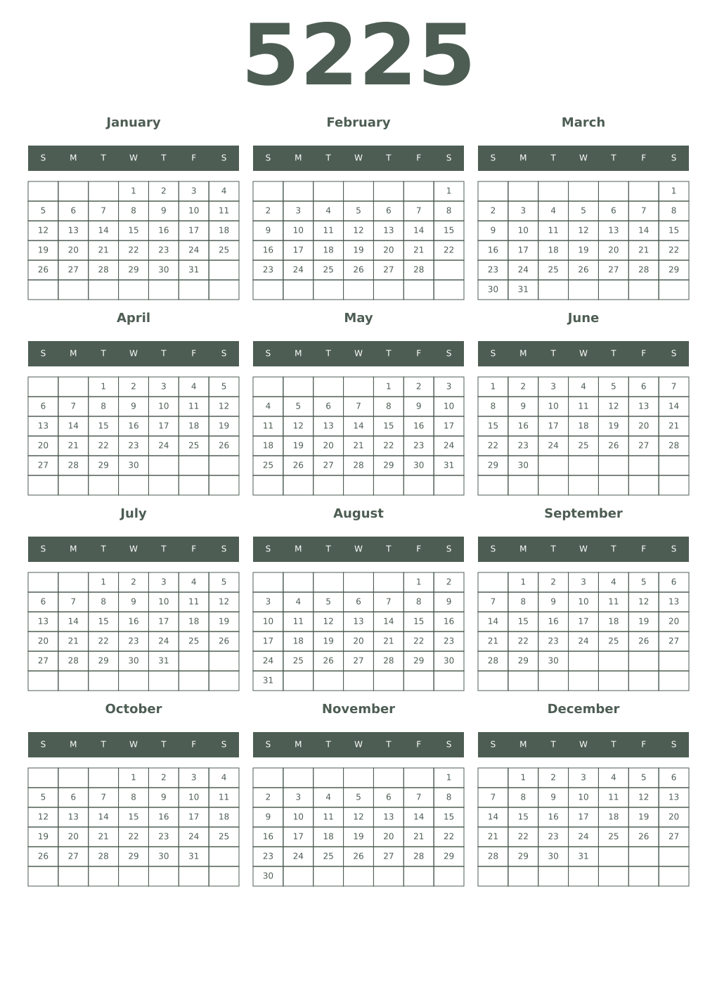 Printable 5225 Year Calendars feldgrau