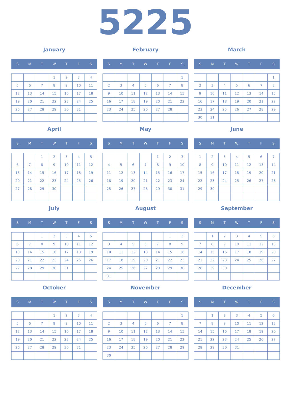 Printable 5225 Year Calendars glaucous