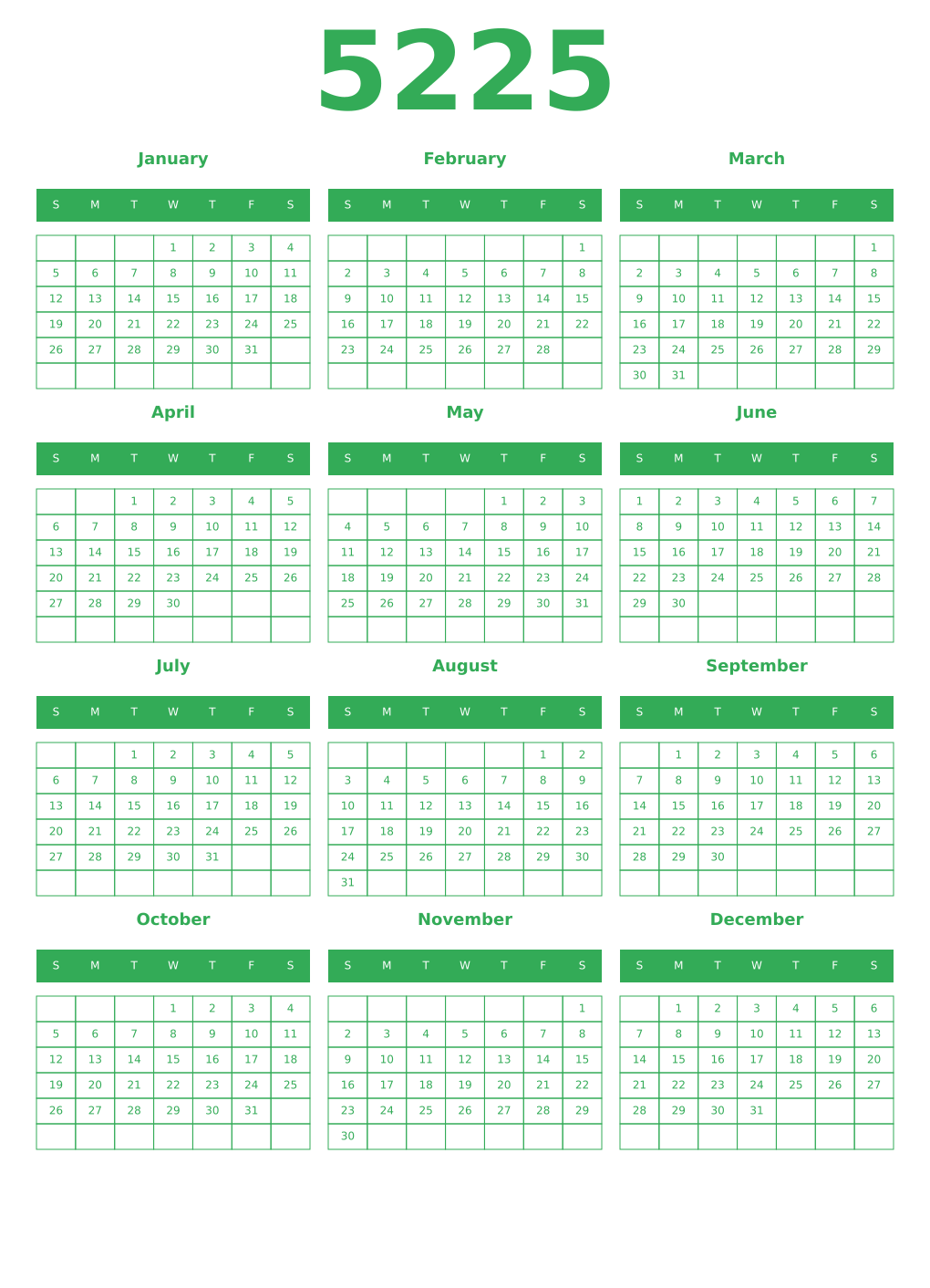 Printable 5225 Year Calendars green