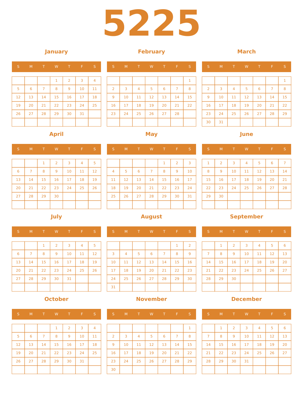 Printable 5225 Year Calendars orange