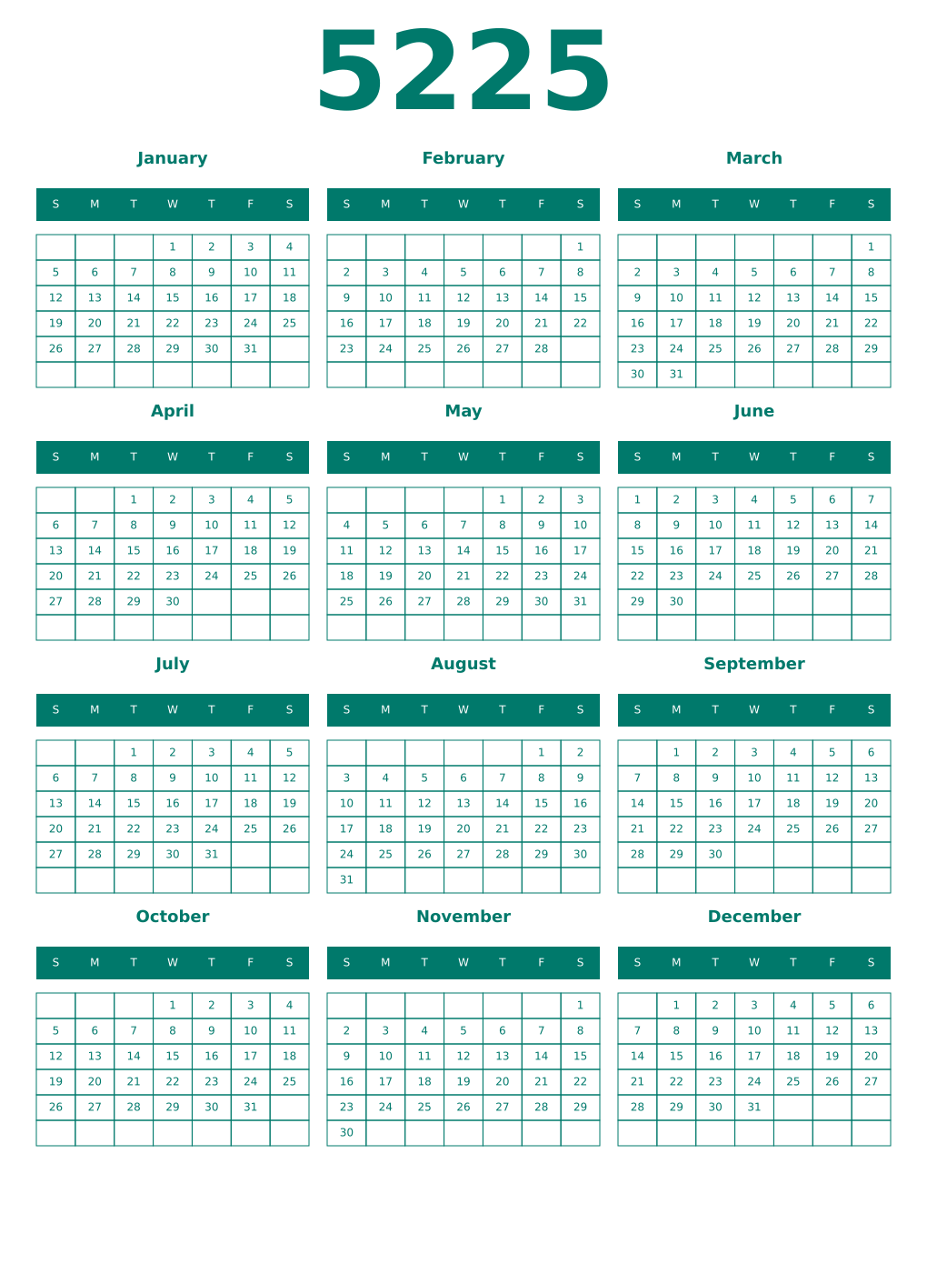 Printable 5225 Year Calendars pastel
