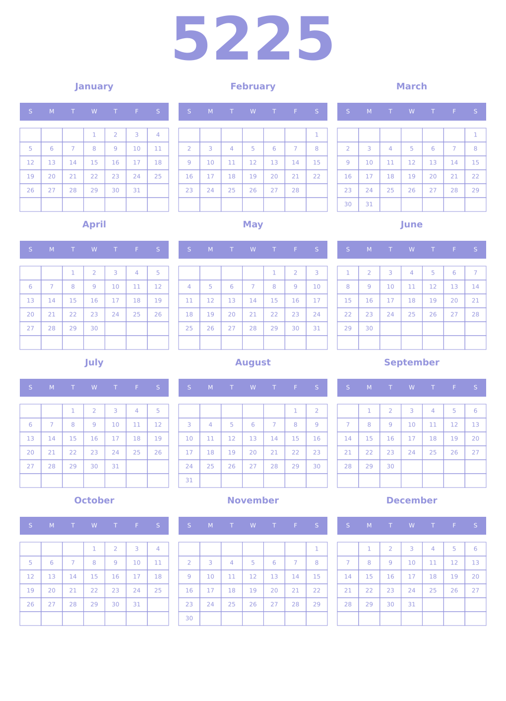 Printable 5225 Year Calendars periwinkle