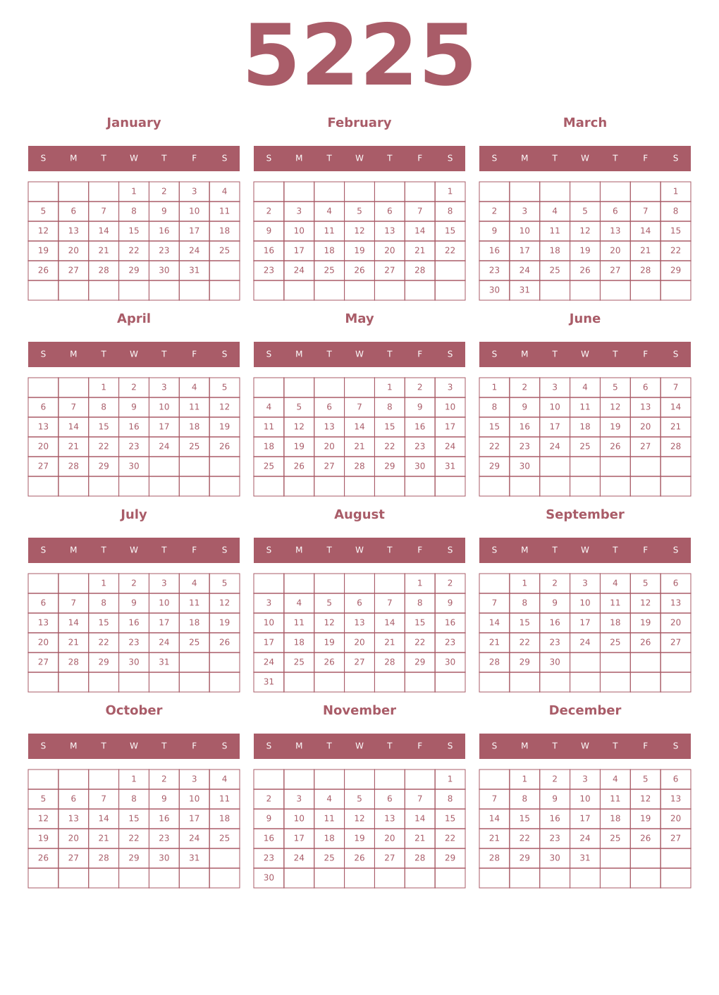 Printable 5225 Year Calendars puce