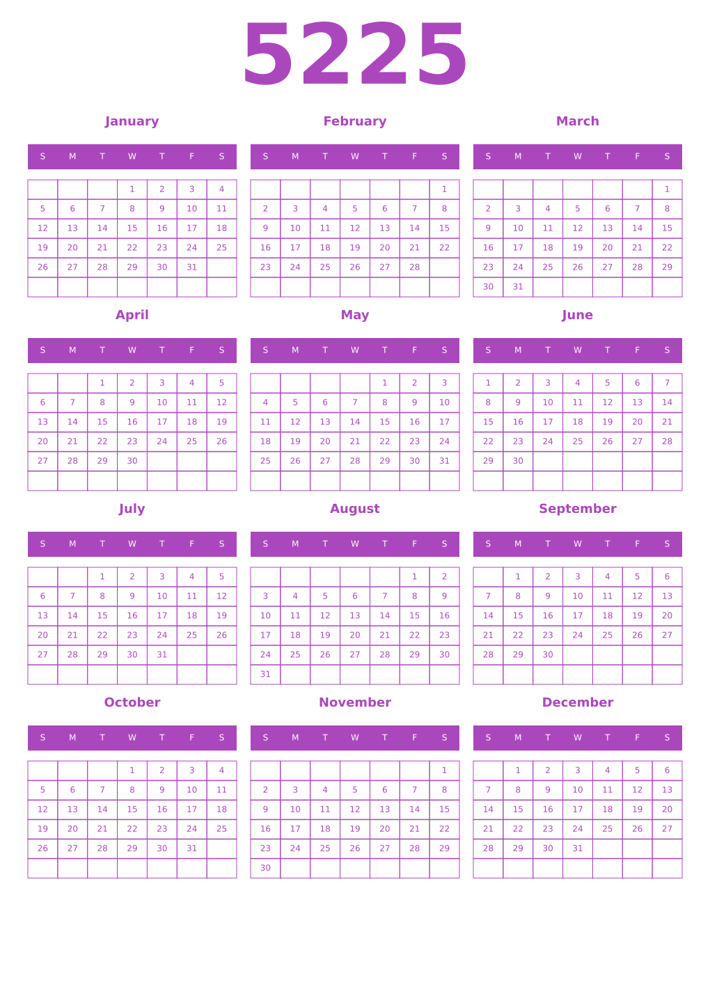 Printable 5225 Year Calendars purple
