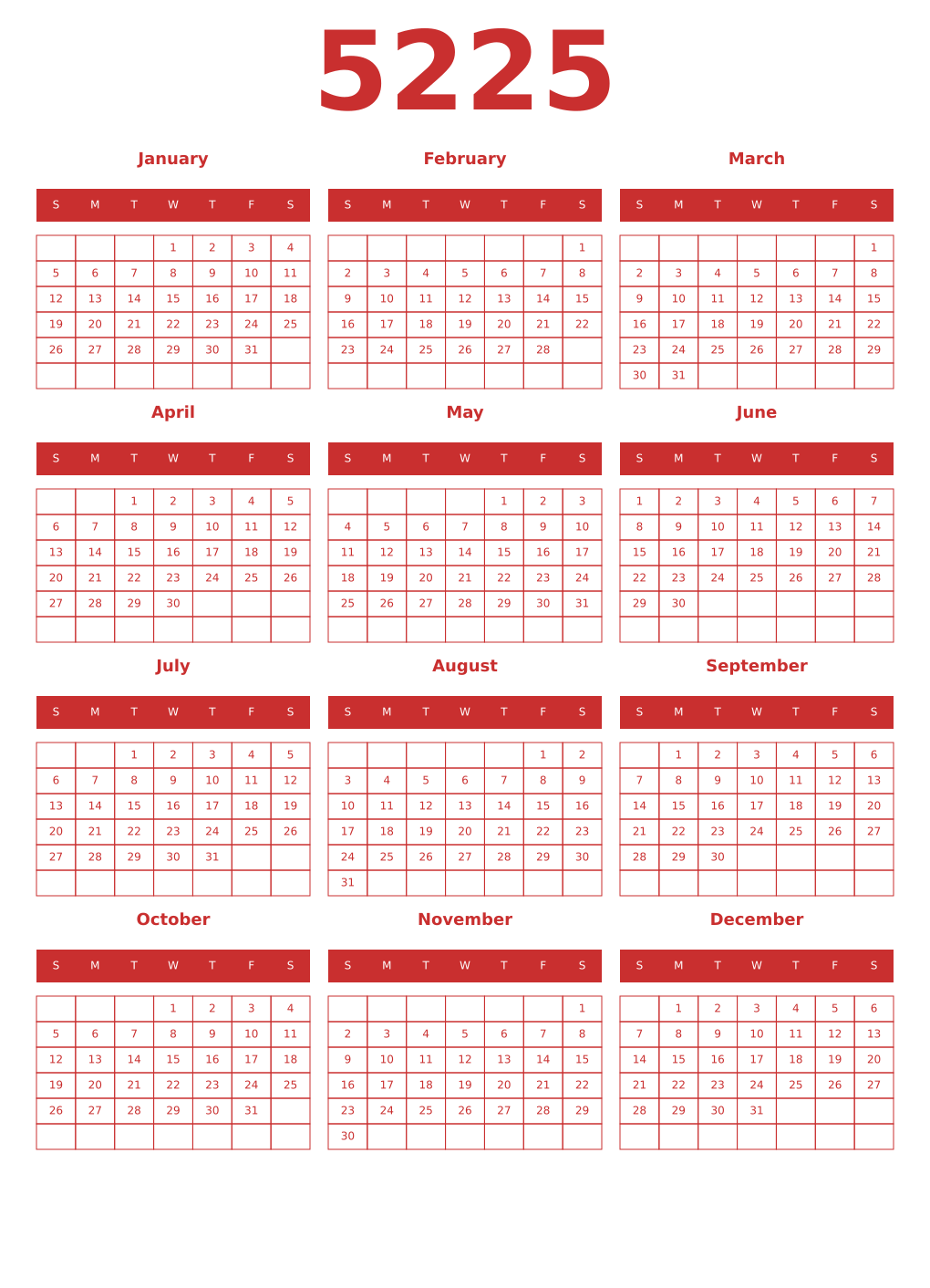 Printable 5225 Year Calendars red