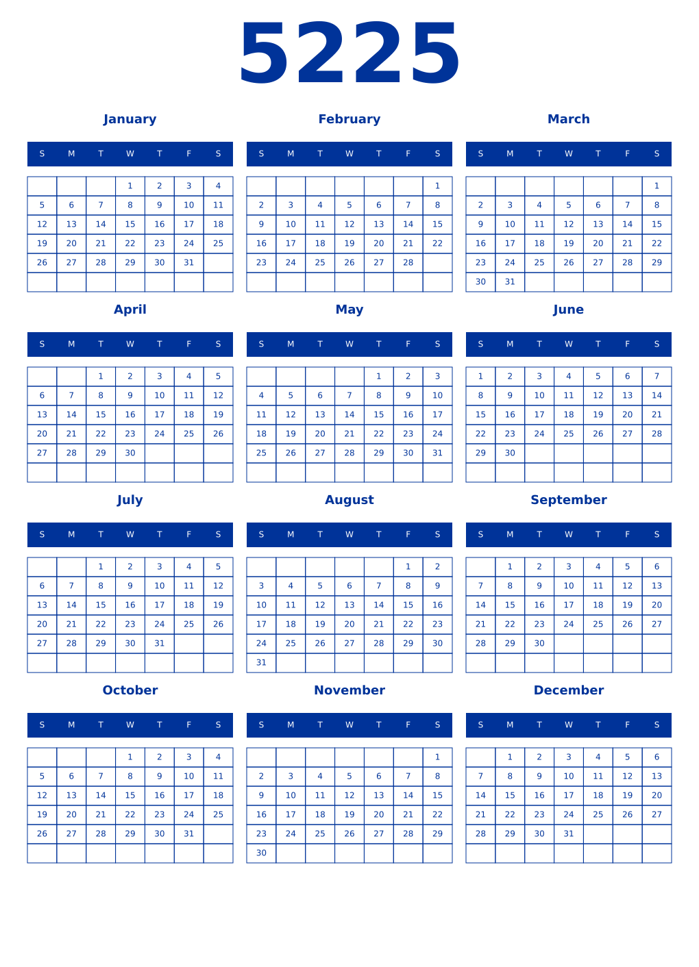 Printable 5225 Year Calendars smalt
