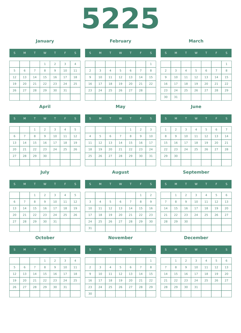 Printable 5225 Year Calendars viridian