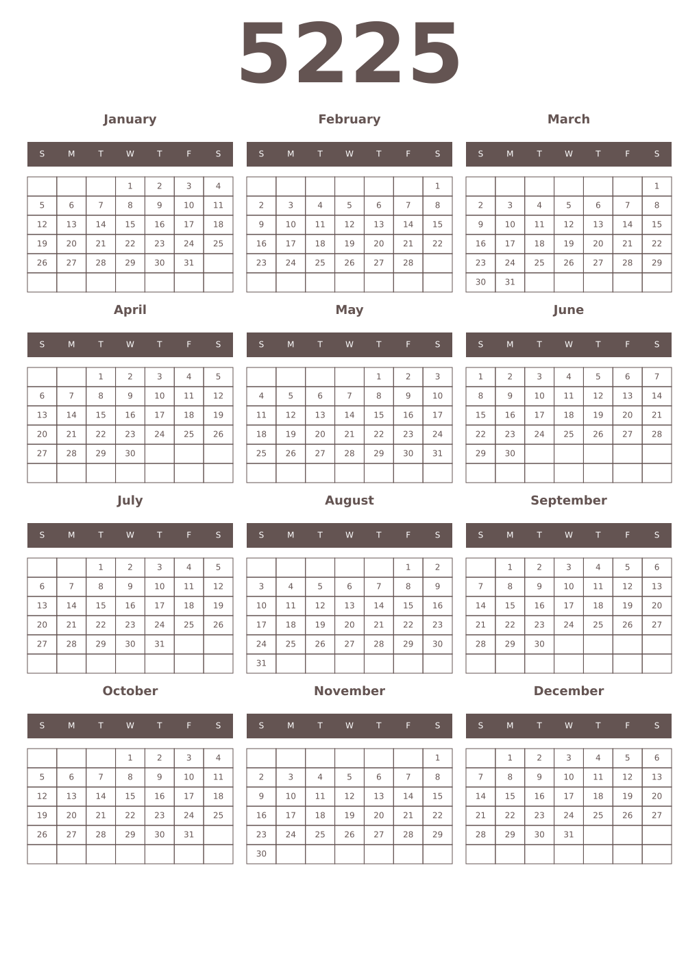 Printable 5225 Year Calendars wenge