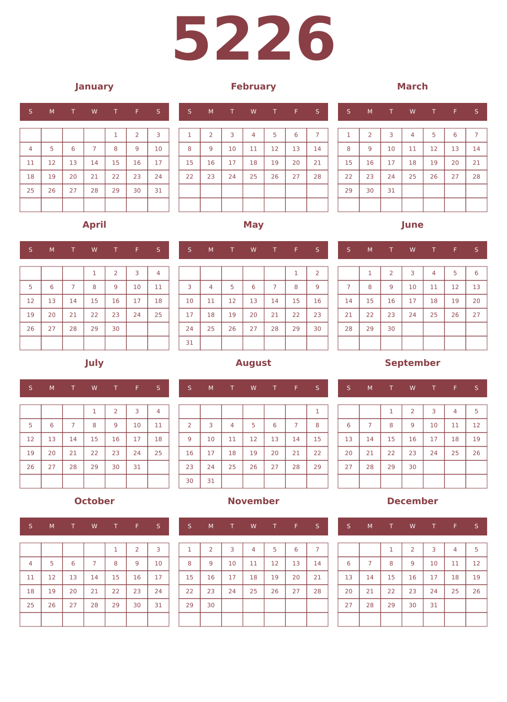 Printable 5226 Year Calendars cordovan