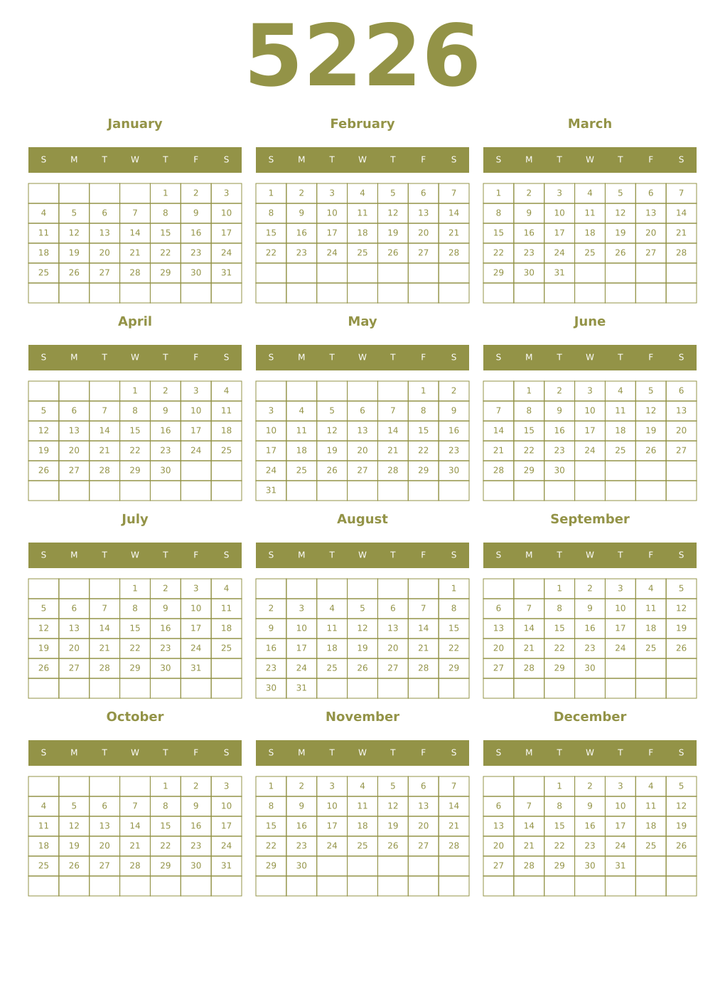 Printable 5226 Year Calendars eburnean