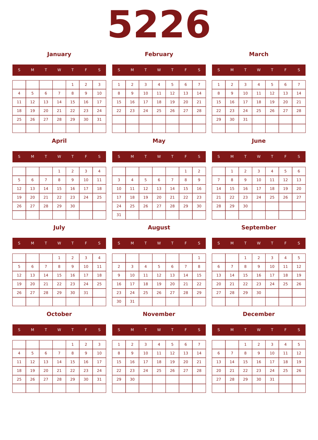 Printable 5226 Year Calendars falu