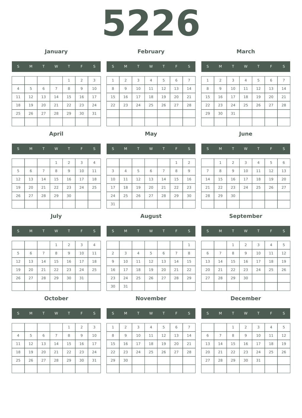 Printable 5226 Year Calendars feldgrau