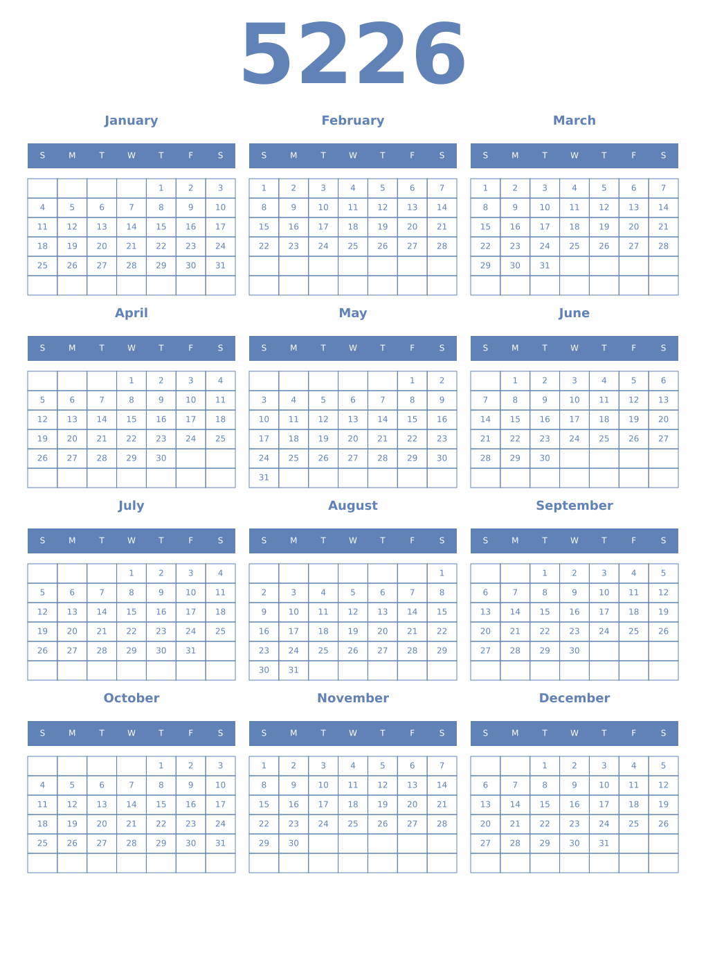 Printable 5226 Year Calendars glaucous