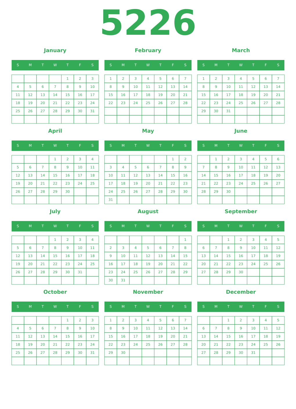 Printable 5226 Year Calendars green