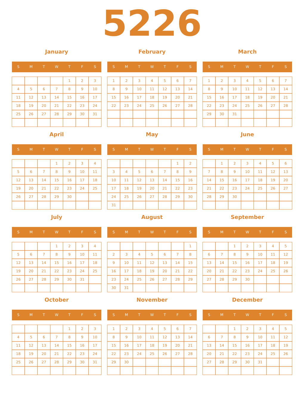 Printable 5226 Year Calendars orange
