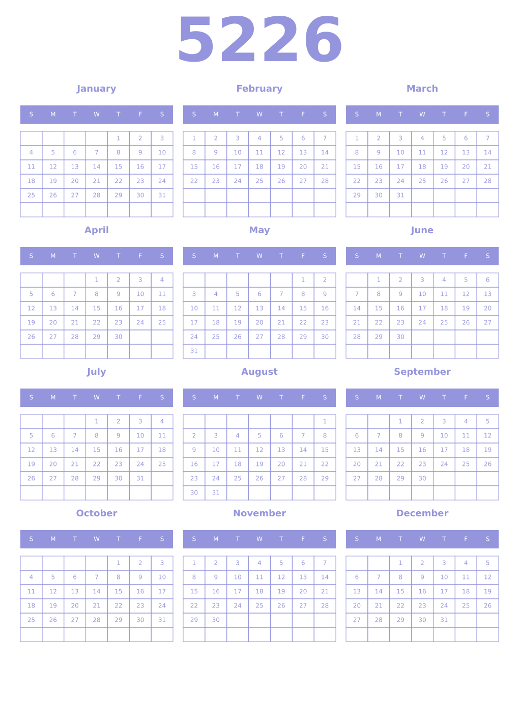 Printable 5226 Year Calendars periwinkle