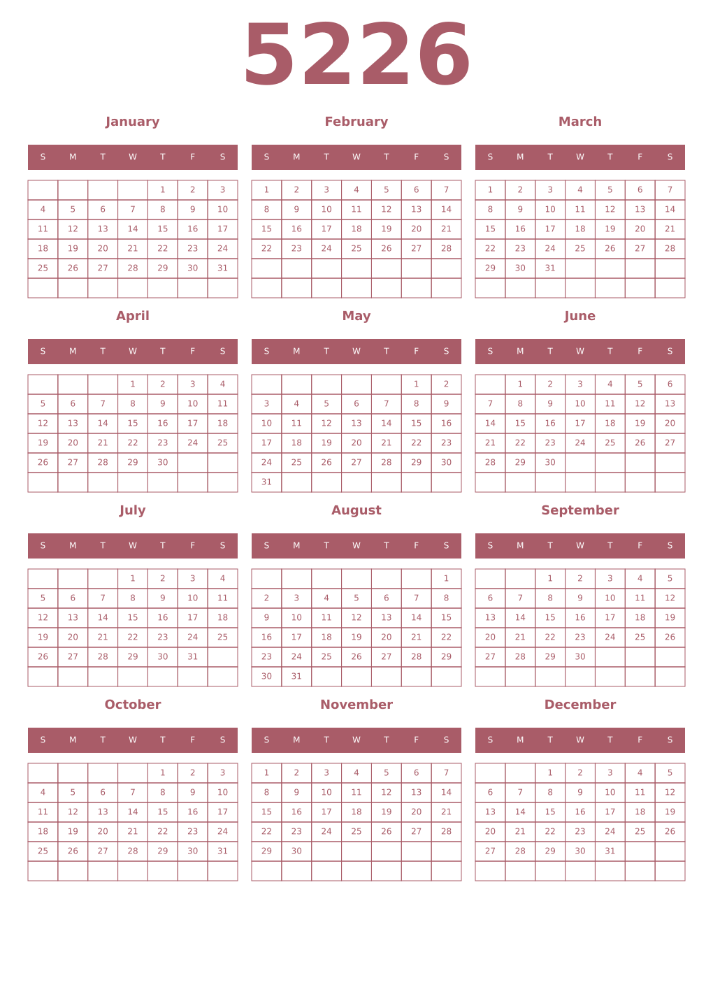 Printable 5226 Year Calendars puce