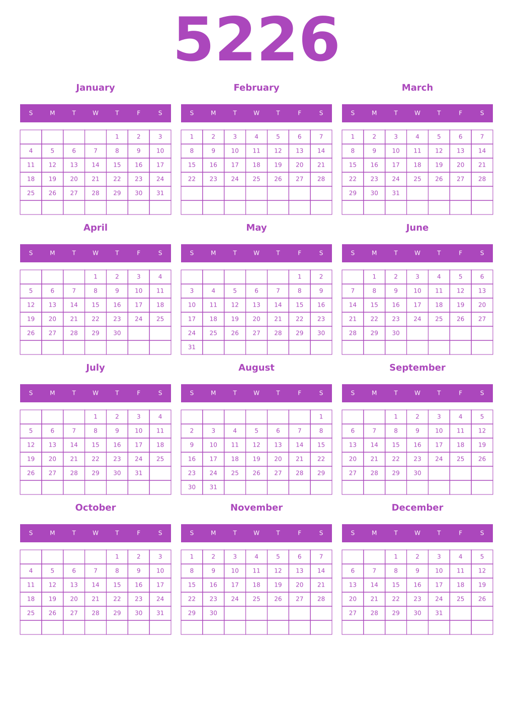 Printable 5226 Year Calendars purple