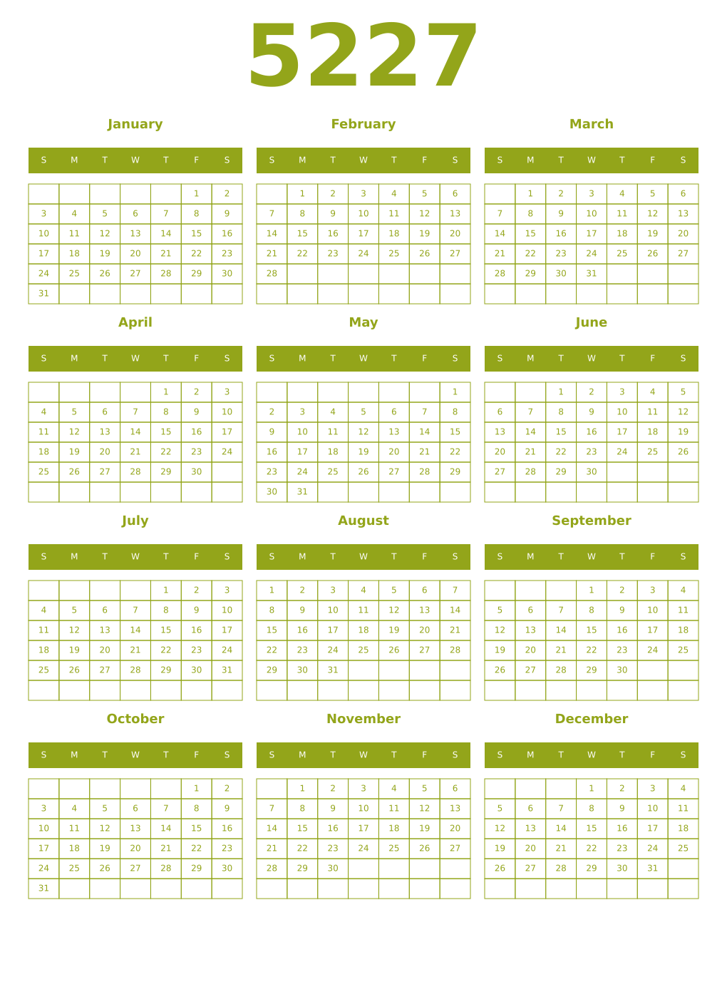 Printable 5227 Year Calendars chartreuse