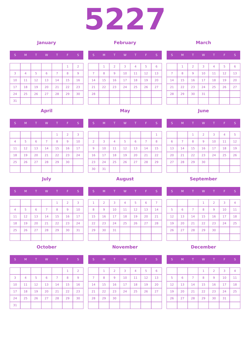 Printable 5227 Year Calendars purple