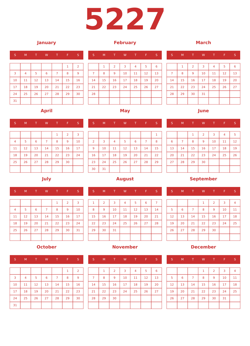 Printable 5227 Year Calendars red