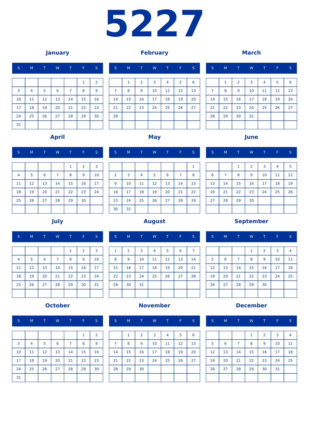Printable 5227 Year Calendars smalt