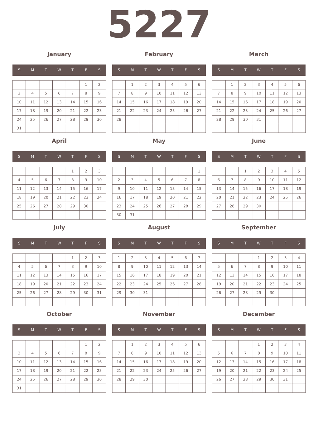 Printable 5227 Year Calendars wenge
