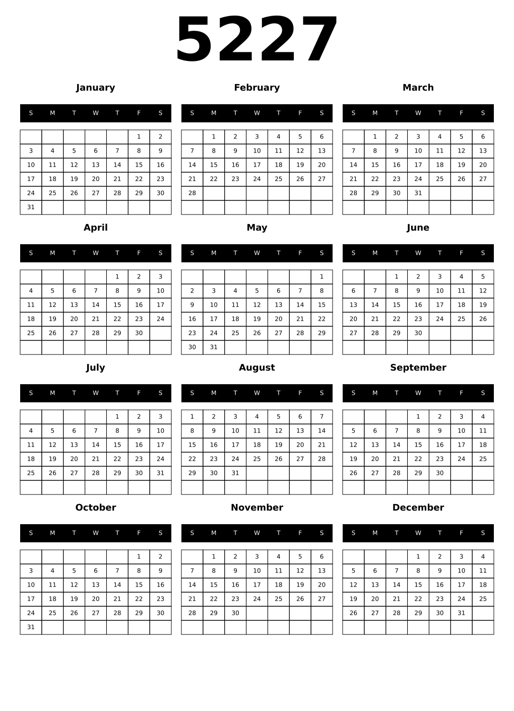 Printable 5227 Calendars