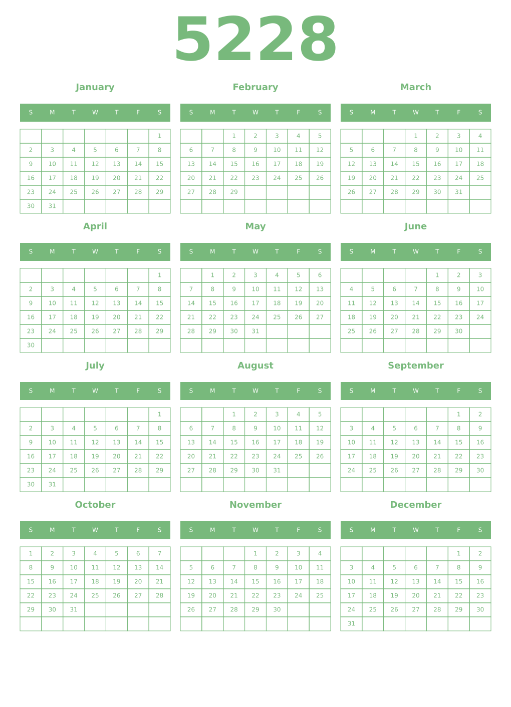 Printable 5228 Year Calendars celadon