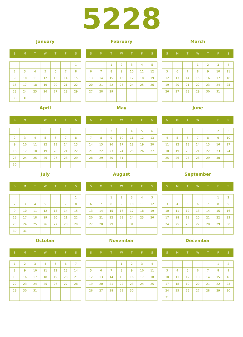 Printable 5228 Year Calendars chartreuse
