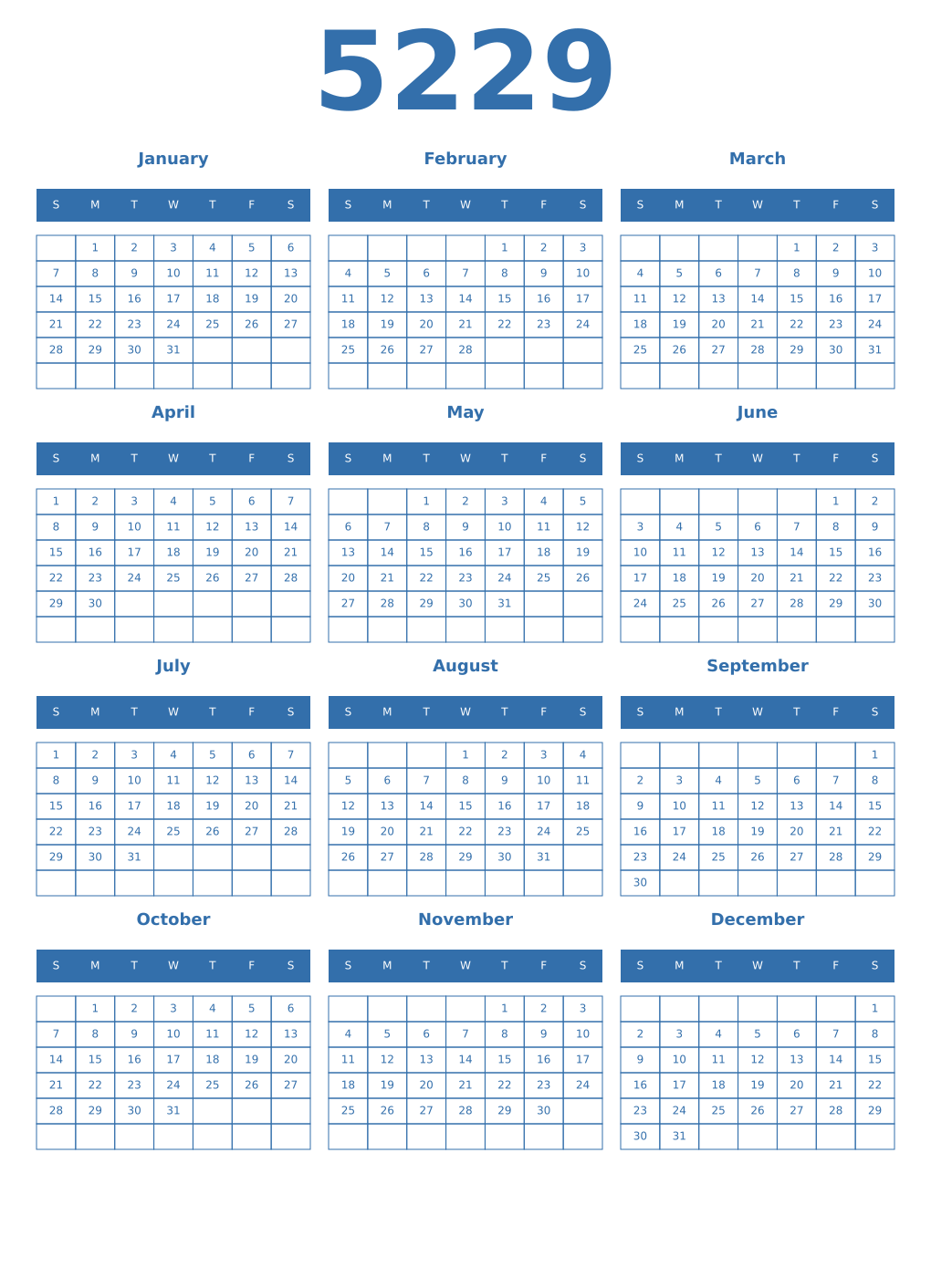 Printable 5229 Year Calendars blue