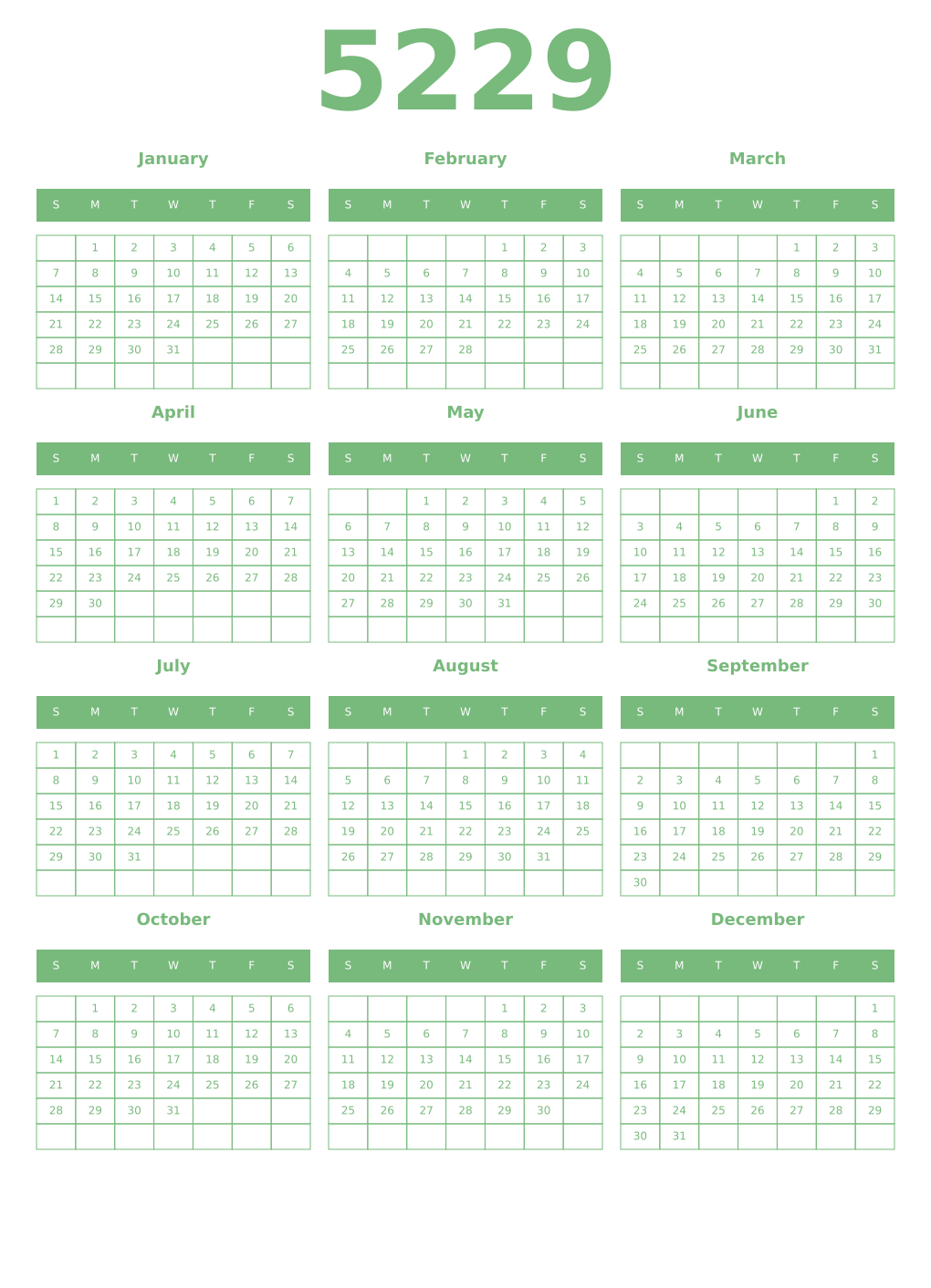 Printable 5229 Year Calendars celadon