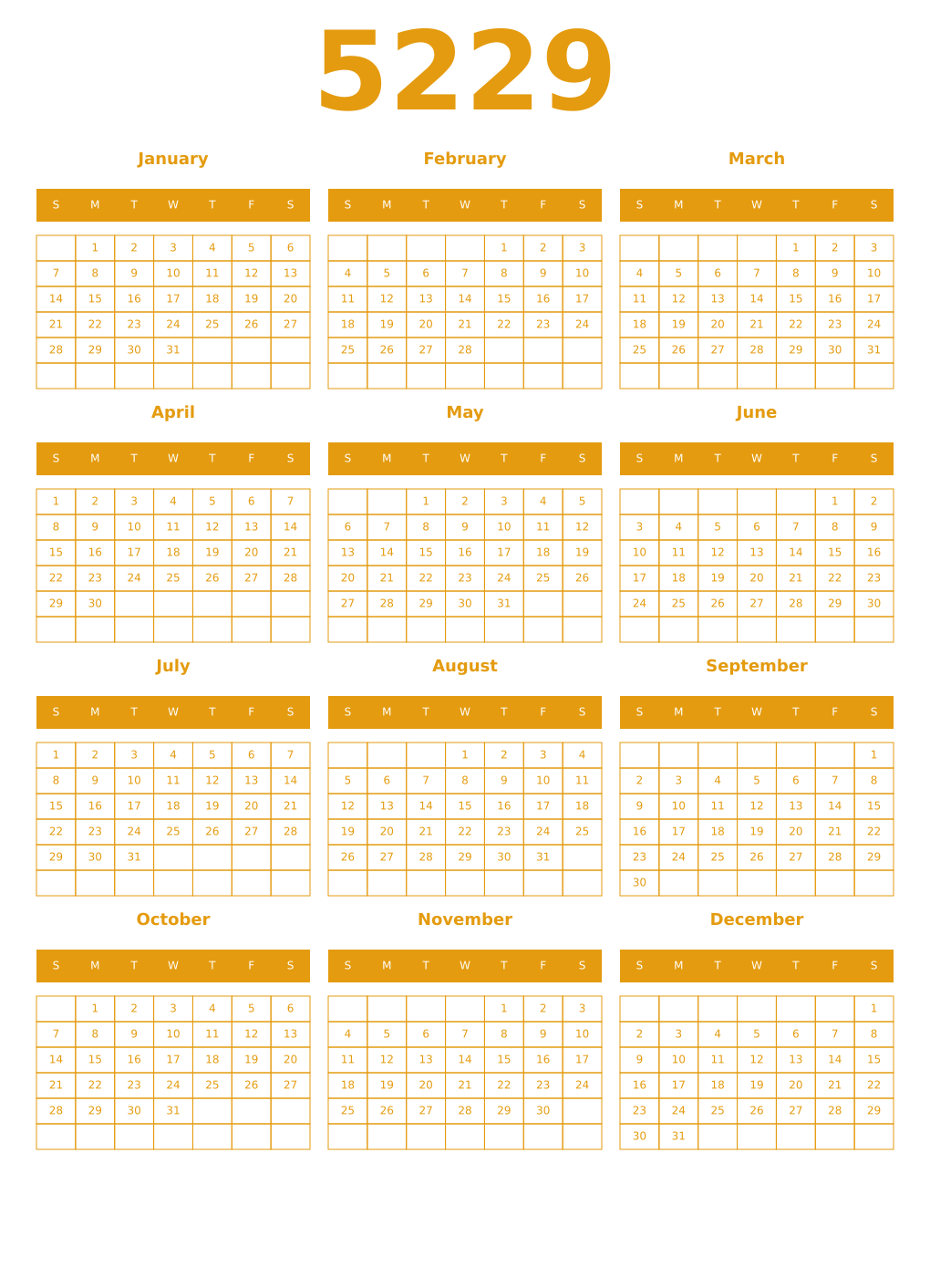 Printable 5229 Year Calendars gamboge