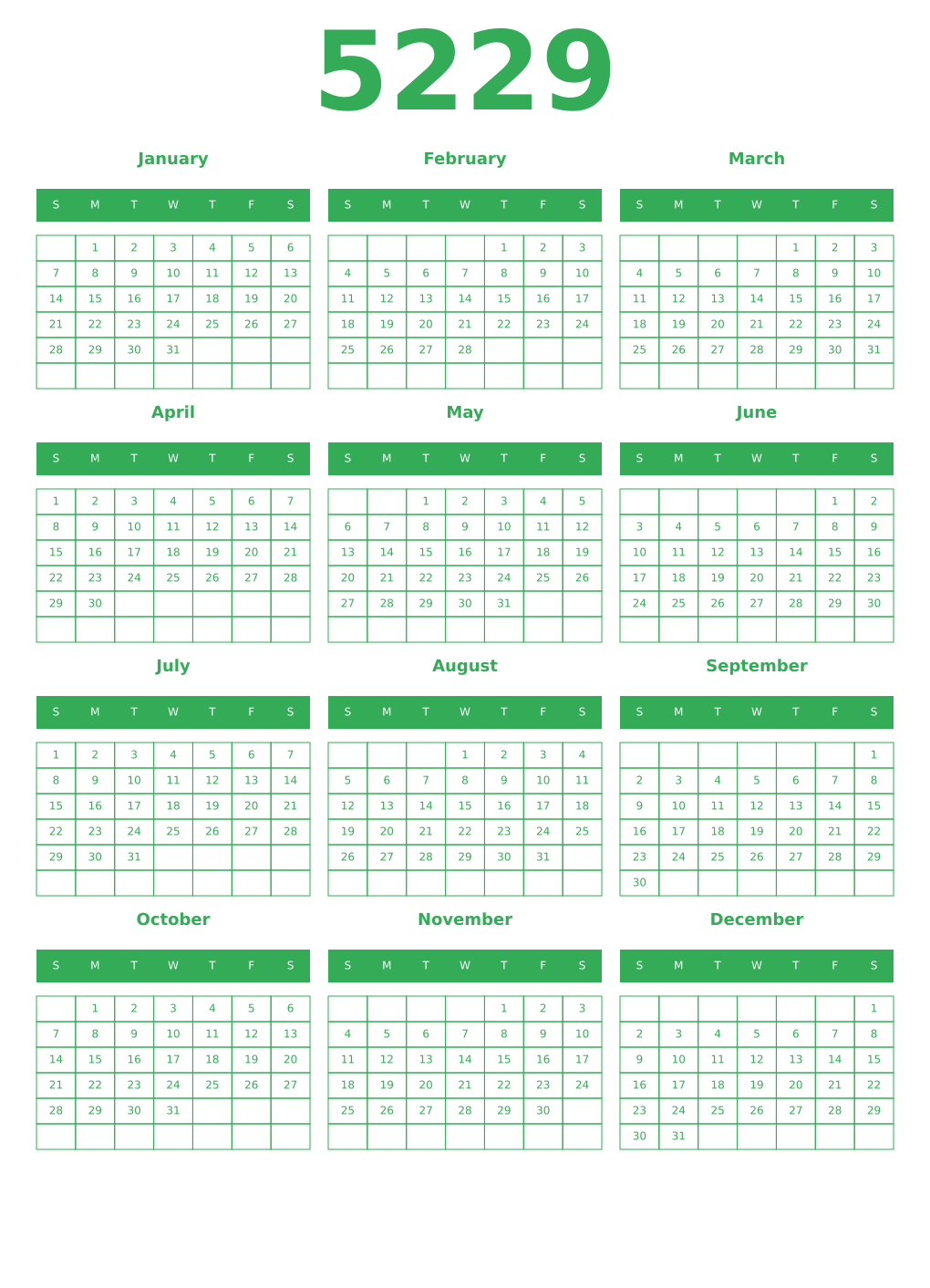 Printable 5229 Year Calendars green