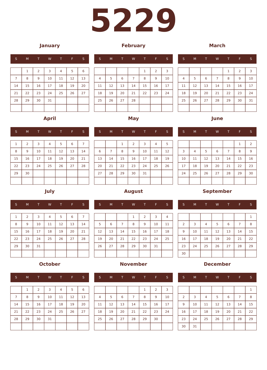 Printable 5229 Year Calendars mortuum