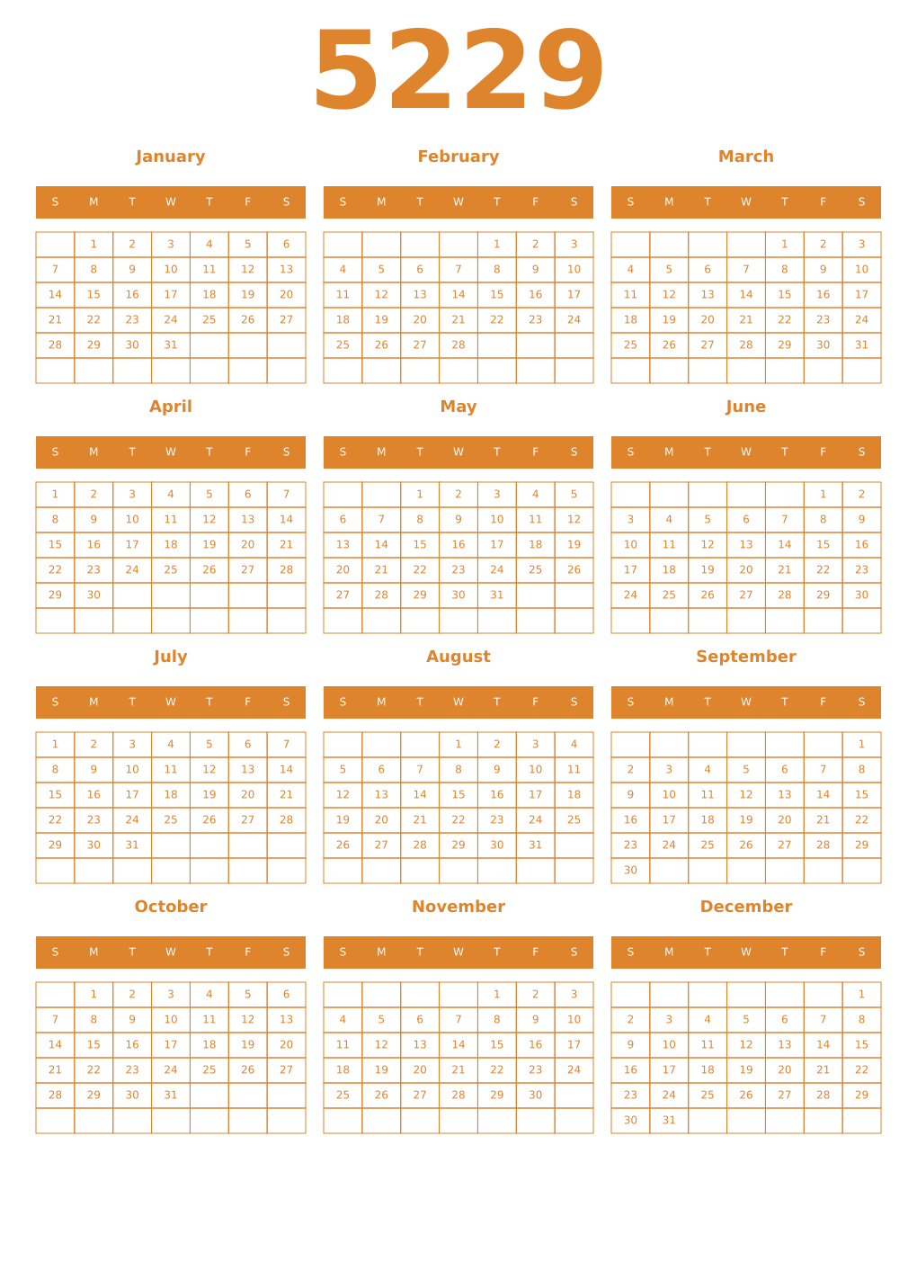 Printable 5229 Year Calendars orange