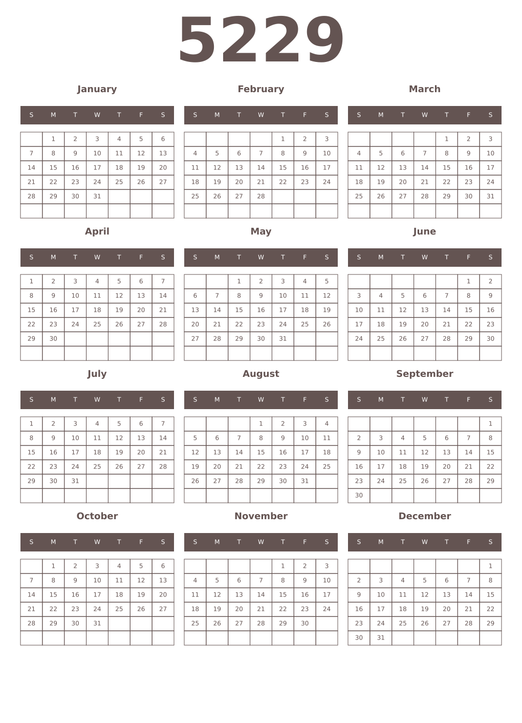 Printable 5229 Year Calendars wenge