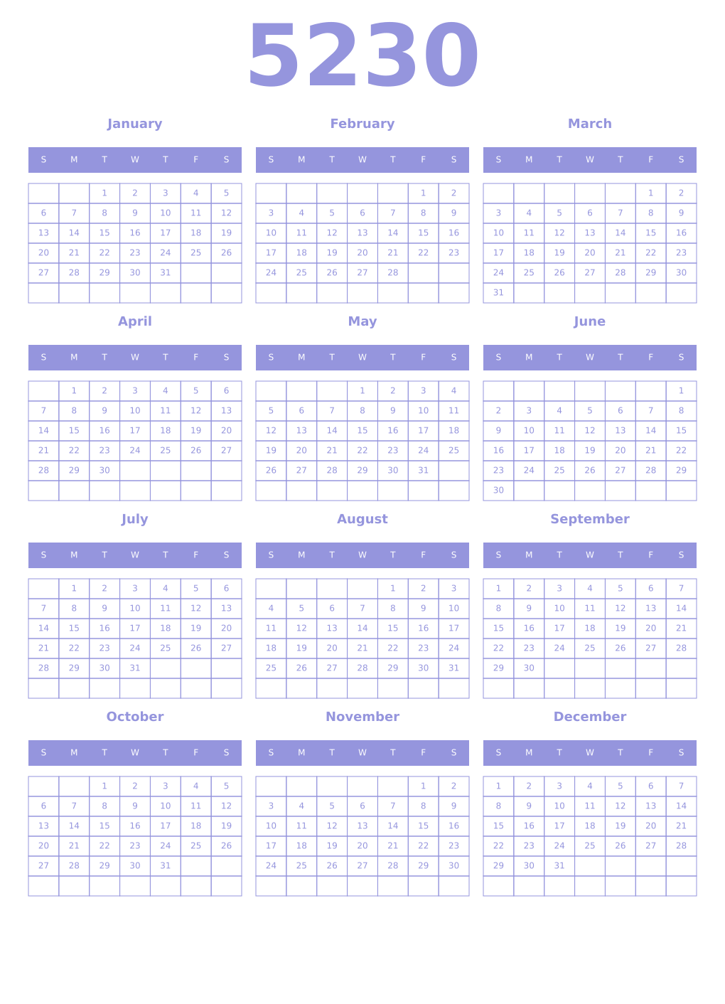 Printable 5230 Year Calendars periwinkle