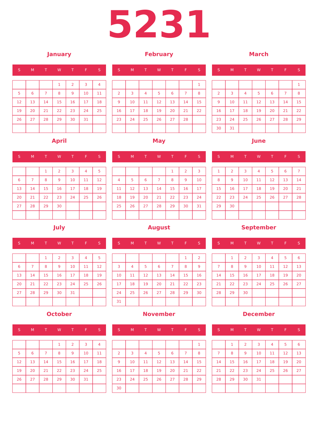 Printable 5231 Year Calendars amaranth