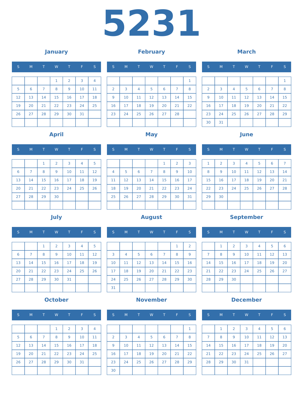 Printable 5231 Year Calendars blue