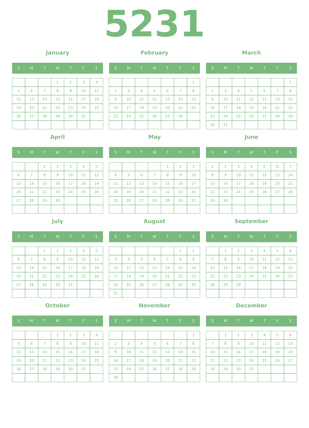 Printable 5231 Year Calendars celadon