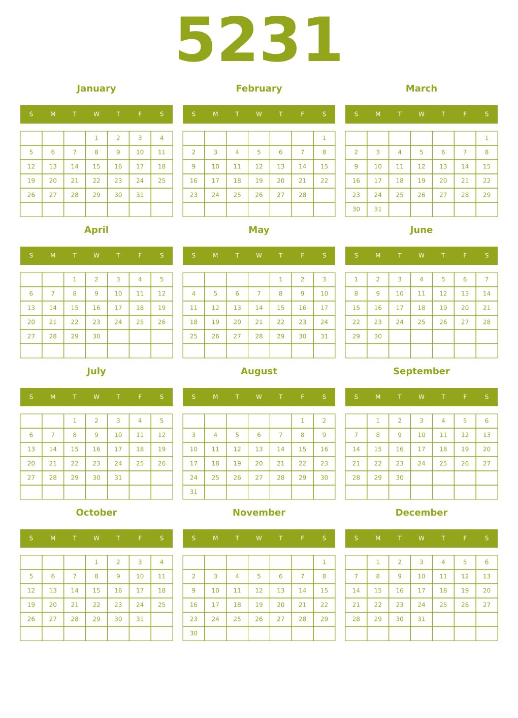 Printable 5231 Year Calendars chartreuse