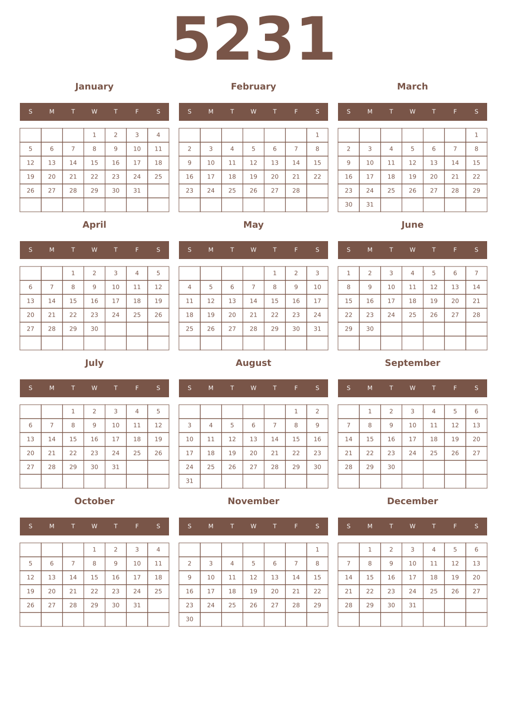 Printable 5231 Year Calendars coffe