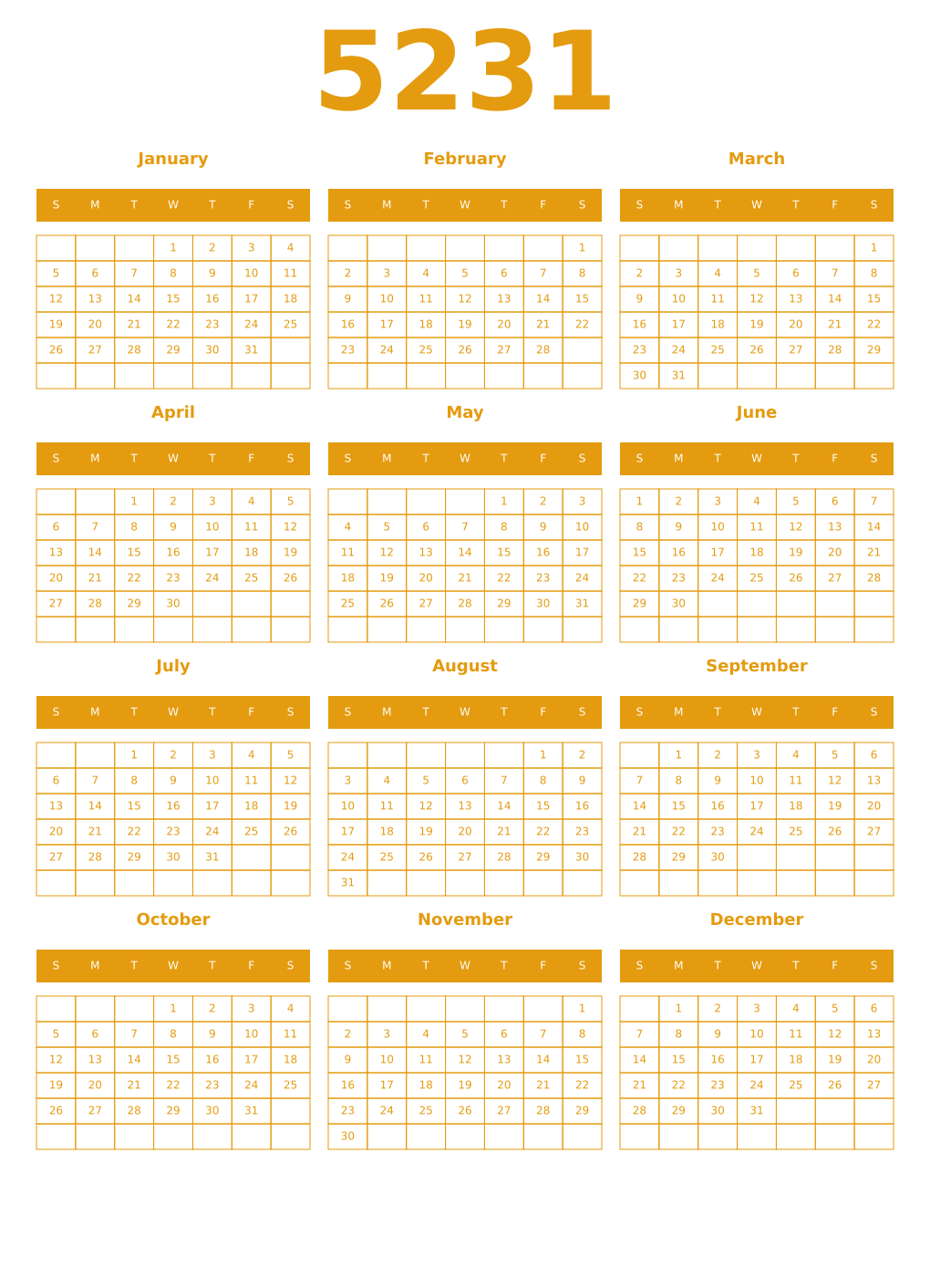 Printable 5231 Year Calendars gamboge