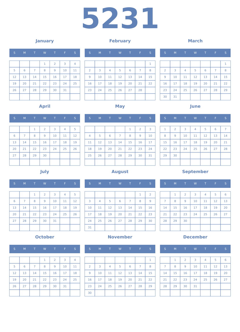 Printable 5231 Year Calendars glaucous