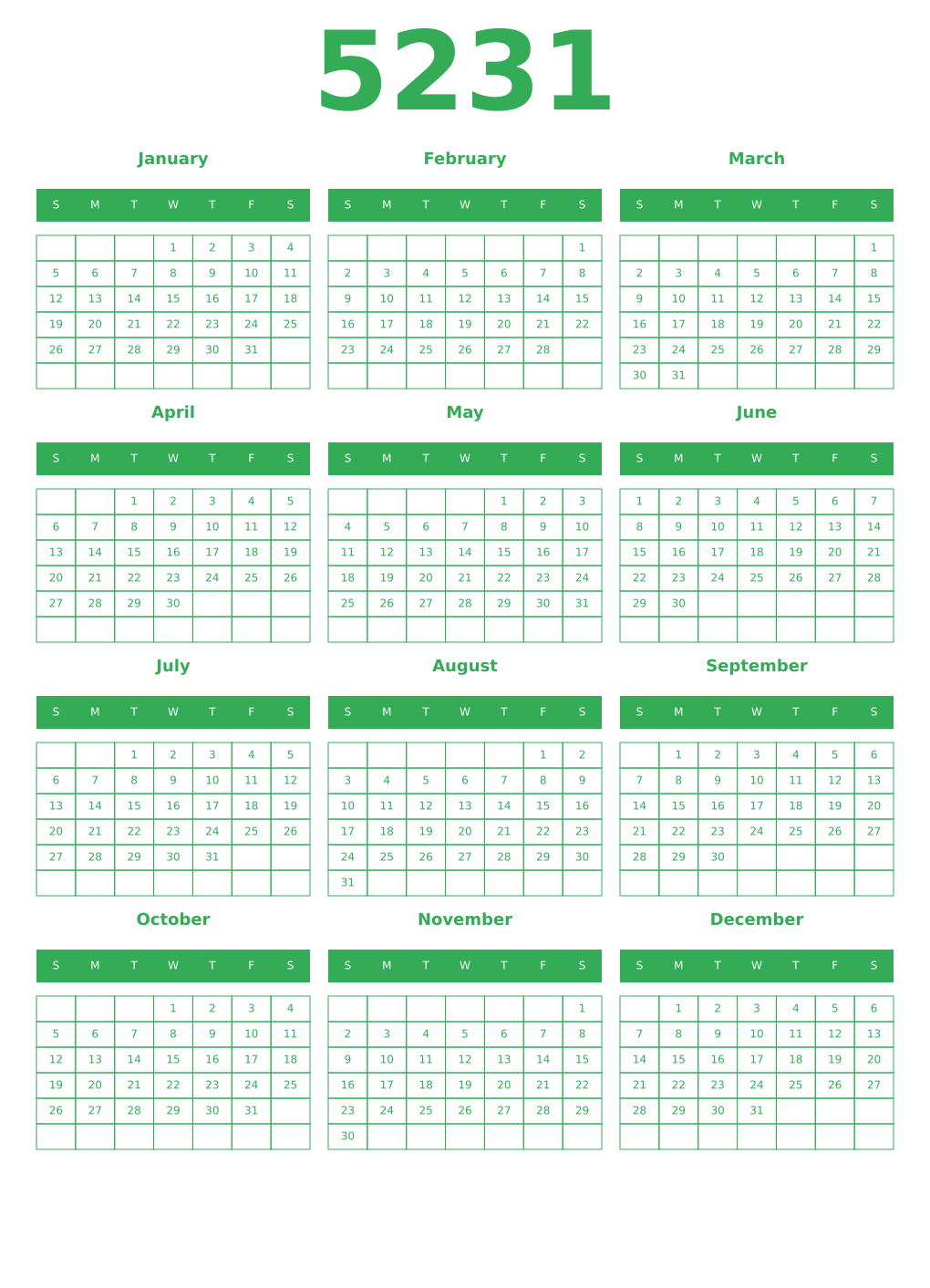 Printable 5231 Year Calendars green